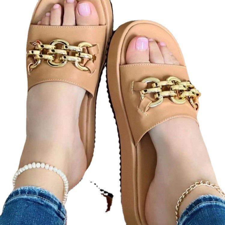 New large size thick low slippers European and American flat bottom metal chain decorative one-word beach shoes