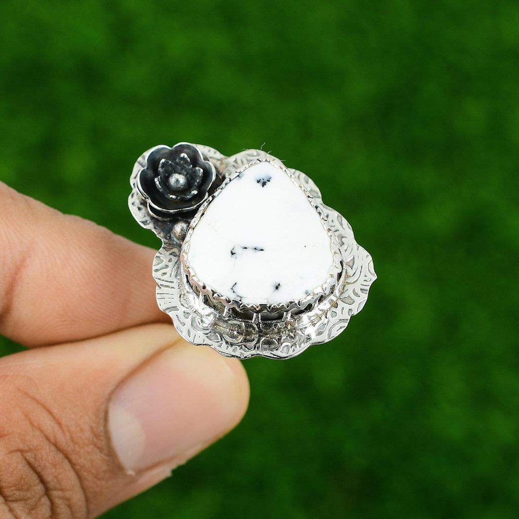 Pear Dendrite Opal Gemstone 925 Sterling Silver Stackable Flower Ring Jewelry