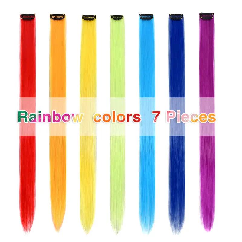 7 sztuk kolorowe doczepiane włosy doczepiane 20 cali wielobarwne proste doczepiane włosy syntetyczne doczepiane klipsy dla kobiet dziewczynki dzieci