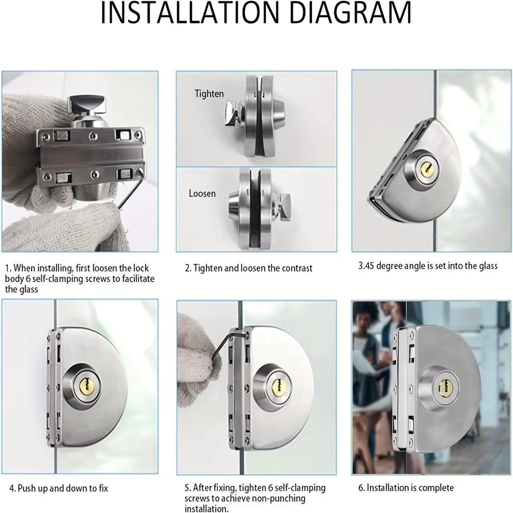 Nadaje się do szkła 1/2" o grubości 10 mm do 12 mm, stal nierdzewna, podwójny rygiel, obrotowy, przesuwny zamek do drzwi szklanych biurowych