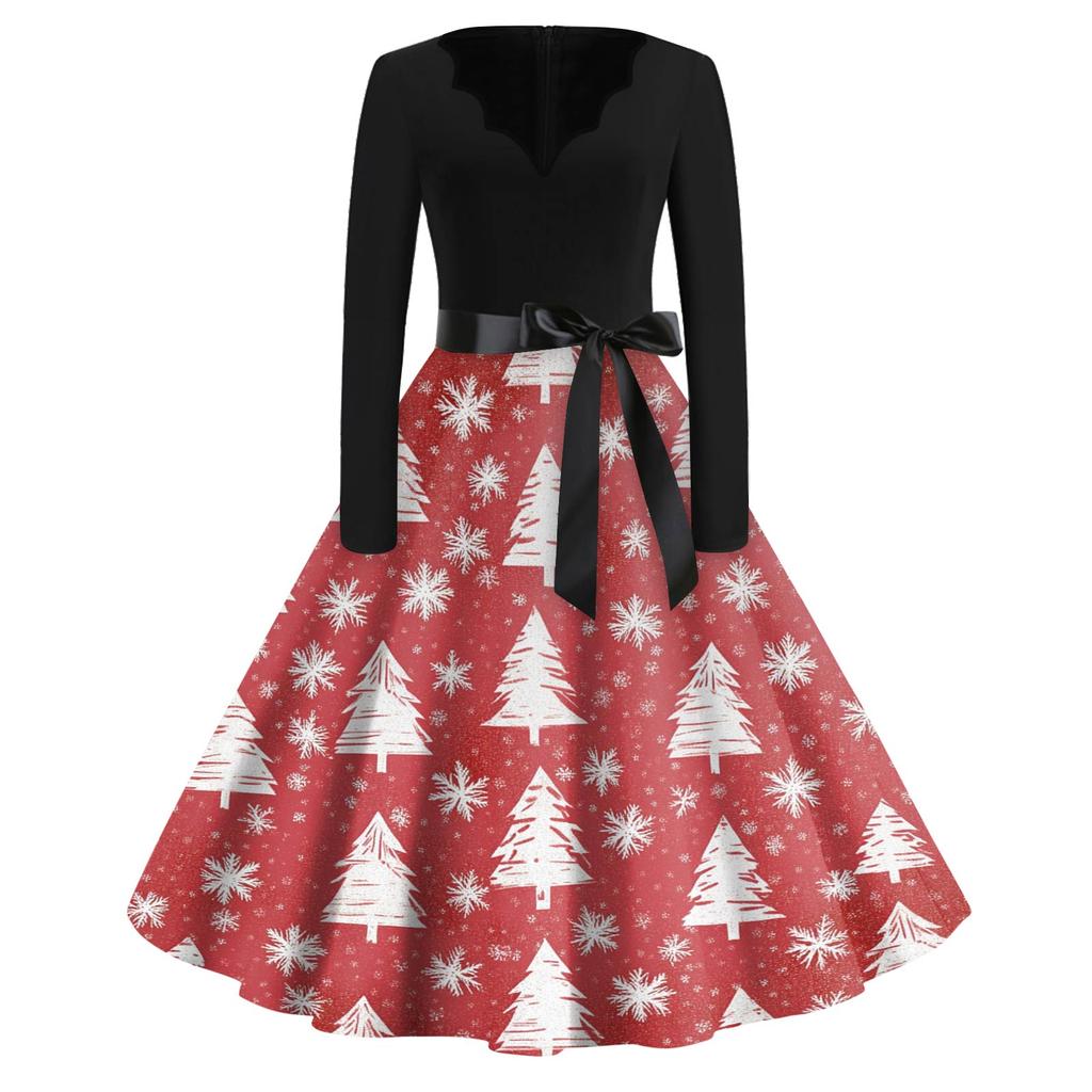 Women's Fashion V-Neck Relaxed-Fit Christmas Print Long-Sleeved Dress