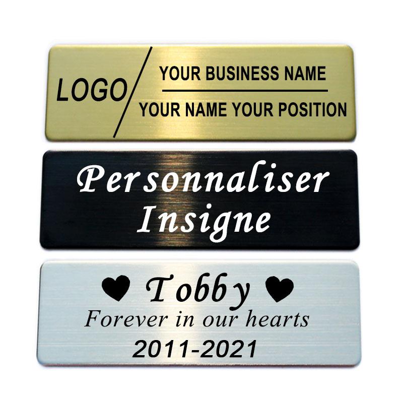 60X20 70x20 70x25mm Broches Personalizáveis Alfinete Texto Gravado Personalizado Logotipo Placa de Identificação de Negócios Etiqueta de Metal Crachás com Nome Personalizados