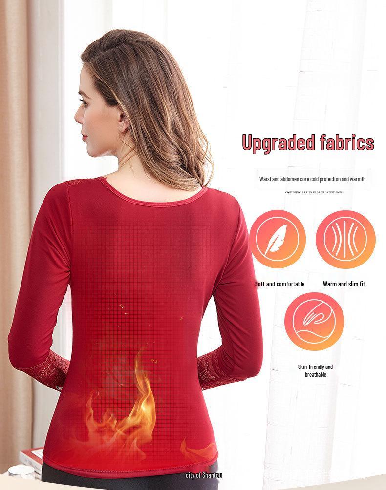 Dámský termální krajkový top s V-výstřihem, úzkého střihu, v korejském stylu, s fleecovou podšívkou