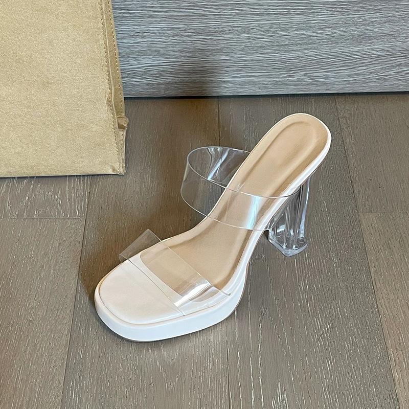 Summer new open-toed transparent word with waterproof table slippers women's simple crystal thick heels high heels sandals