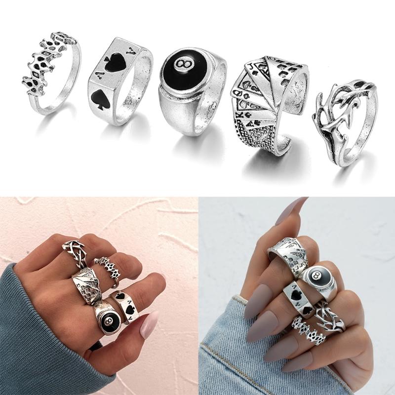 5 Pieces Punk Poker Billiards Rings for Women Funny Goth Hip Hop Retro Fashion Male Couple Birthday Festival Jewelry