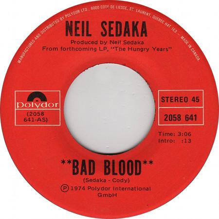 

7inch Record NEIL SEDAKA Bad Blood 2058641 Polydor 1974 Canada Rock Used
