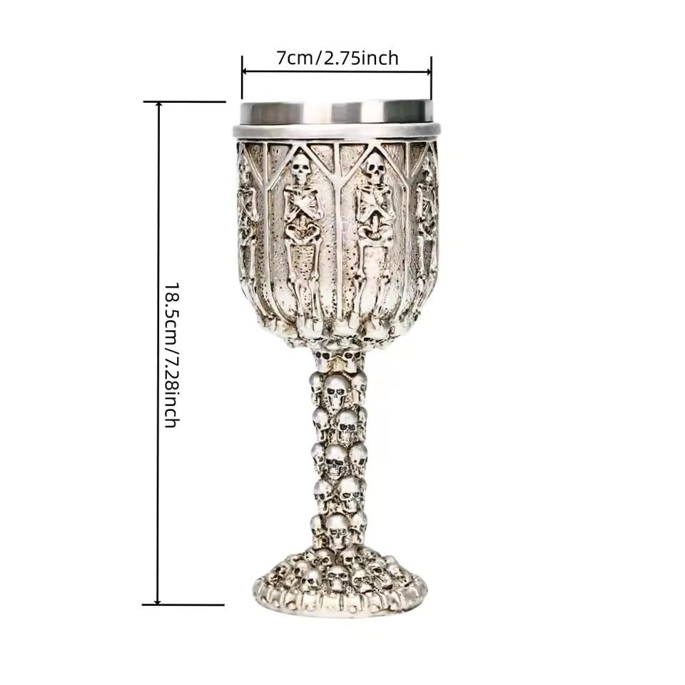 Gothic Skull Wine Goblet with Stainless Steel Beer Cup Intricate Skeleton Design. Ideal for Halloween Gothic Home Decor
