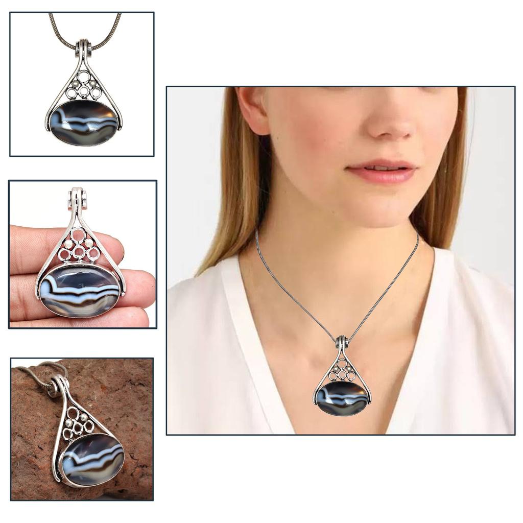 Gray Botswana Agate Gemstone Mother's Day Silver Jewelry Pendant 1.75"