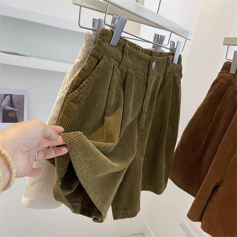 Short Autumn and Winter Casual Pants for Women High Waisted and Slim Hong Kong Style Corduroy Loose Wide Leg Shorts