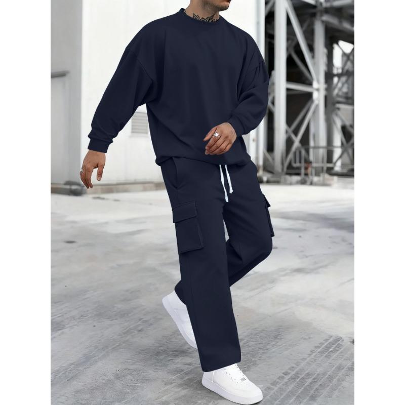 Herrmode Ny Rund Hals Långärmad Cargo Byxor Sport Fritid Utomhus Kostymer Conjuntos Hombre