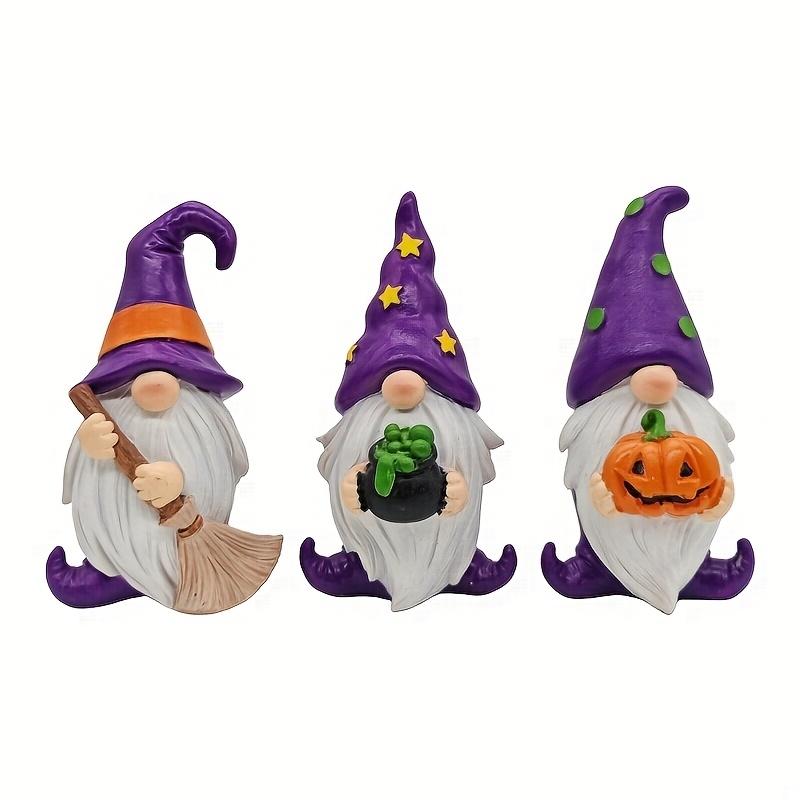 3pcs Halloween Gnome Statue Decorations Magic Broom Hat Pumpkin Gnomes Old Man Wizard Witch For Home Desktop Resin Decor