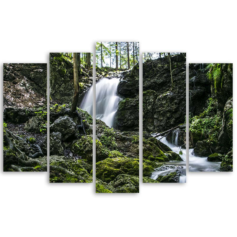 Fünfteiliger Leinwanddruck „Waterfall Forest Rock“.