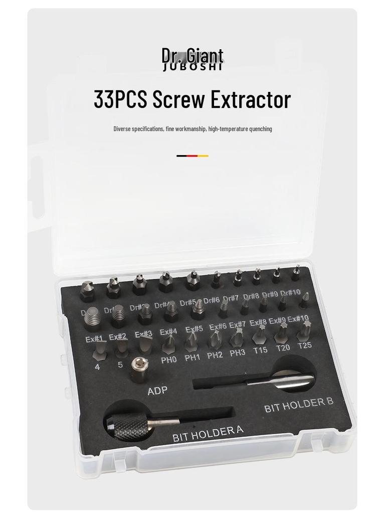 33-Piece Screw Extractor Set with Drill Bits in Plastic Box