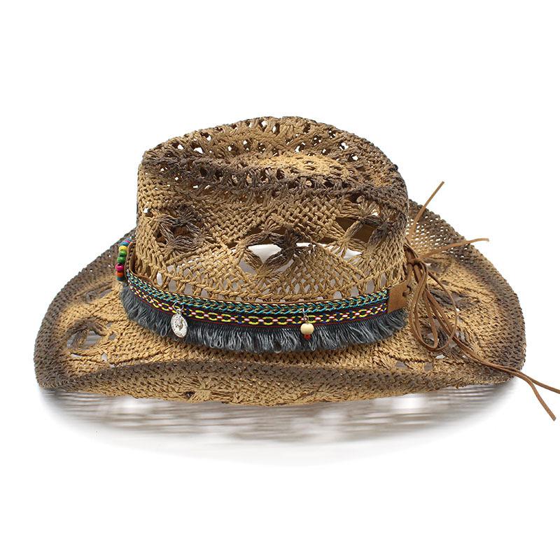 Ethnic Style Hand-Woven Hollow Straw Hat Men'S And Women'S Summer Sun Protection Hat Western Cowboy Straw Hat
