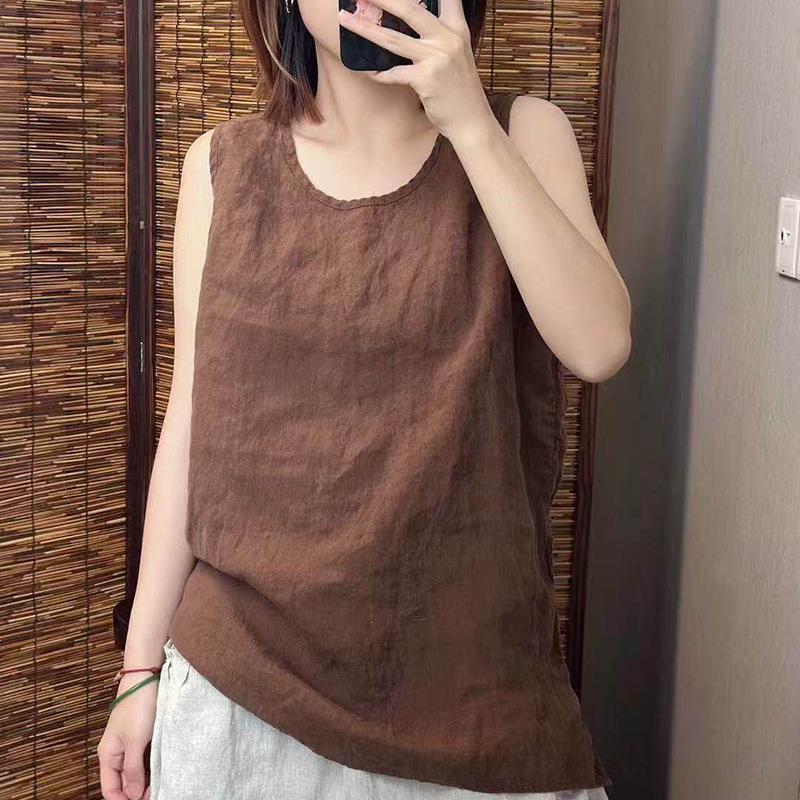Dopamine Dressing Summer Sleeveless Cotton Linen Vest - Slimming Loose Fit T-shirt for Women Large