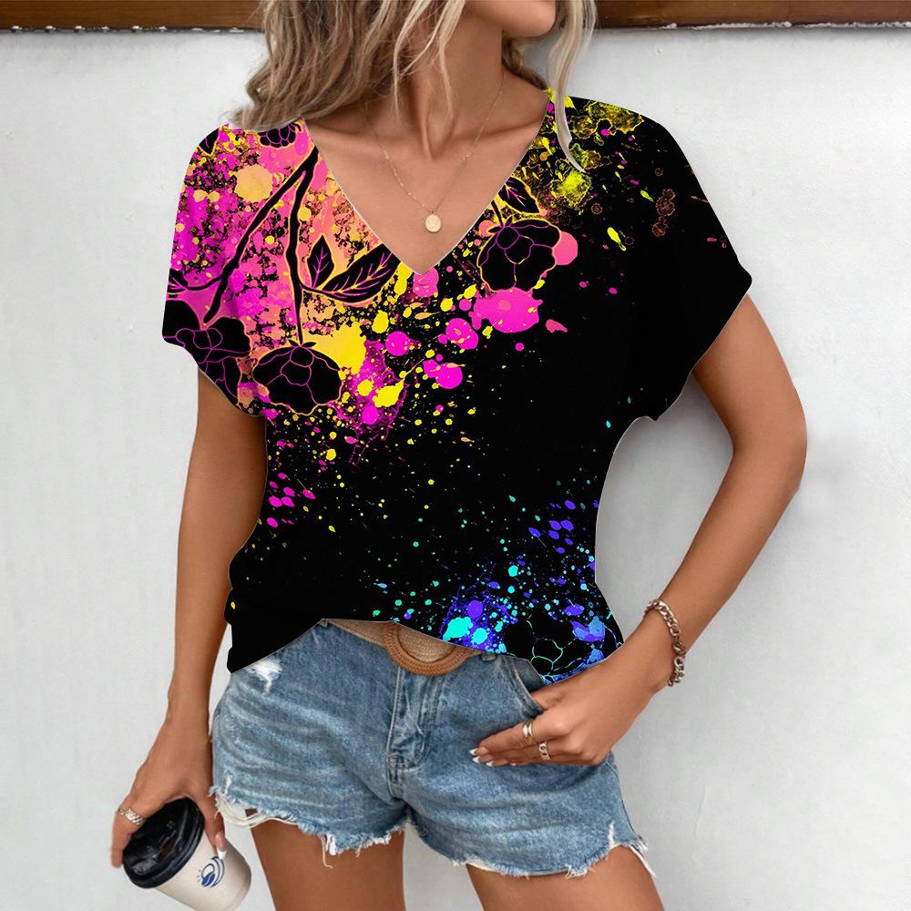 

Loose Fit V-Neck Short Sleeve 3D Digital Print Women s T-Shirt Creative Trendy Style Summer Fashion Casual Polyester Tee 5XL