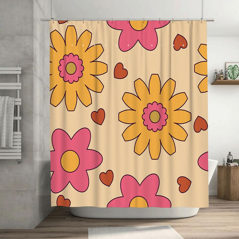 Colorful Flower Shower Curtainmodern Bathroom Decor For Home Kitchen Waterproof Fabric With Pink Red Yellow Hearts Design