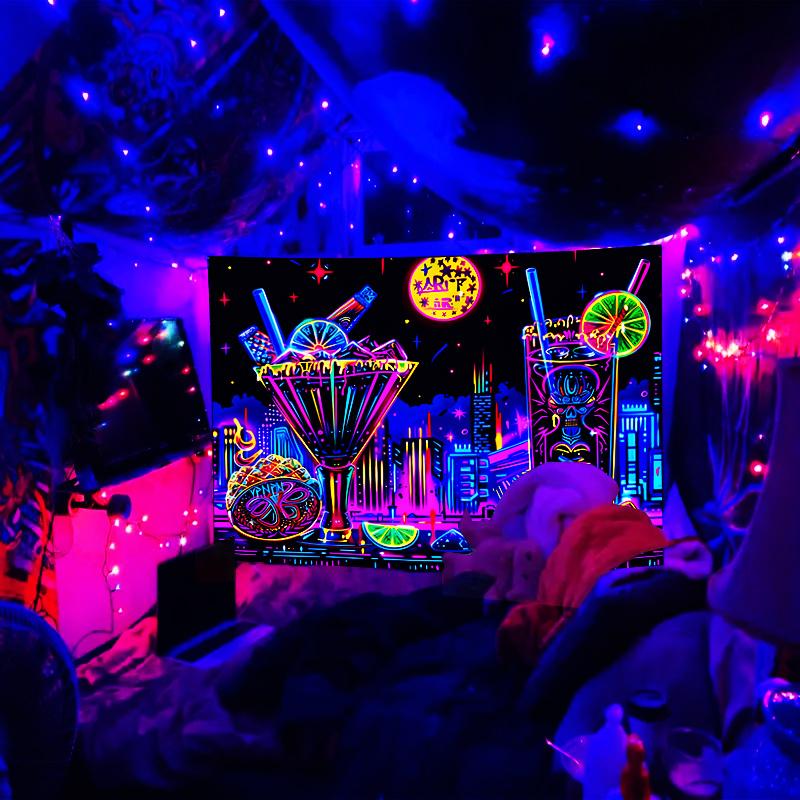 UV Reactive Fluorescent Wine Glass Tapestry - Black Light Responsive Wall Art Room Decoration
