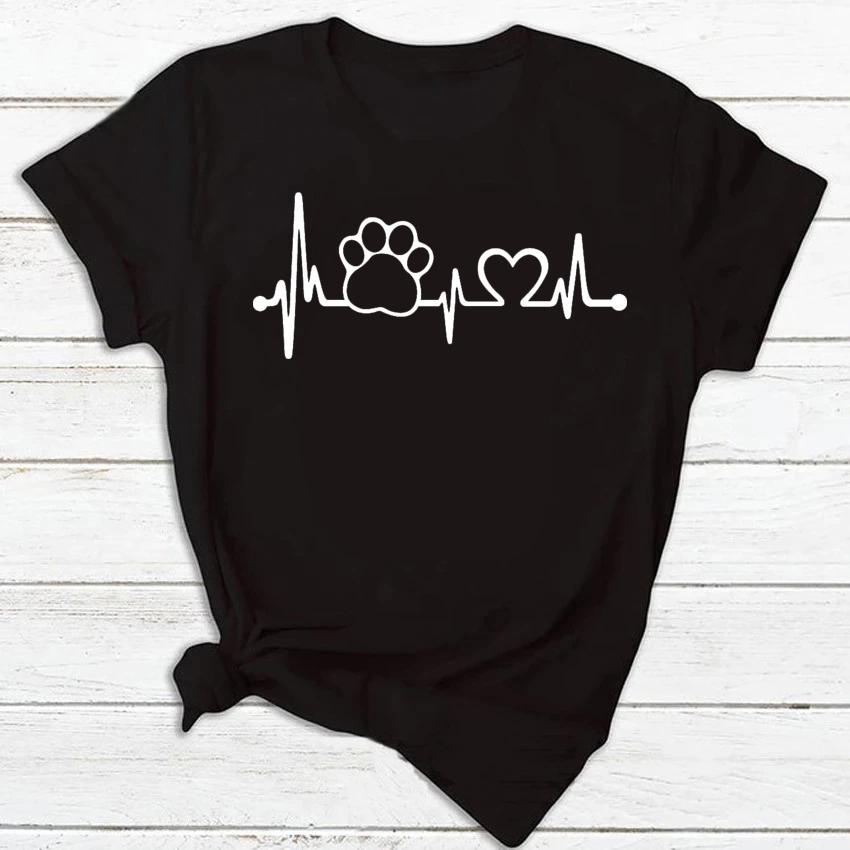 Maycaur Women T Shirt Fashion Dog Heartbeat Print T-shirt Funny 90s Print T Tee Womens Tshirt for Female Red Shirt Clothes Tops