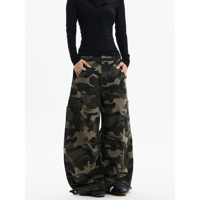 Kisko American-Style Washed Vintage Camouflage Multi-Pocket Cargo Pants Unisex Trendy Loose Straight-Leg Casual Knife-Cut Pants