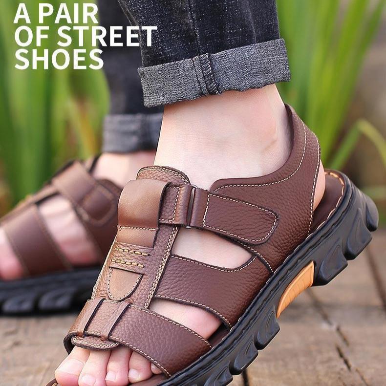 First Layer Cowhide Sandals Men's Leather Cowhide 2025 Summer New Non-slip Beach Shoes Driving Slippers