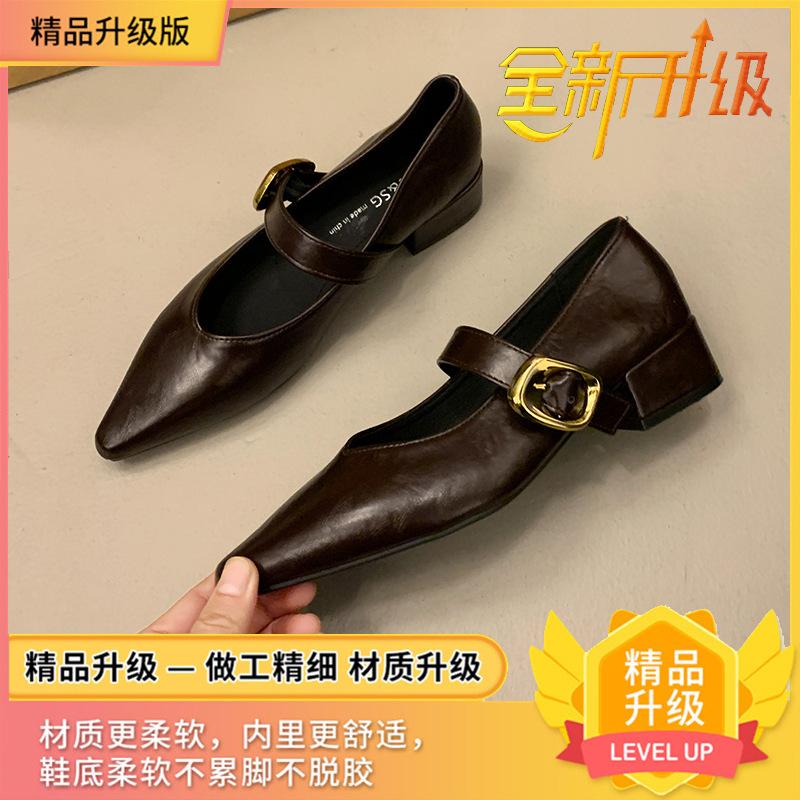 

Туфли-лодочки на толстом каблуке с острым носком женские 2025 новая темпераментная мягкая подошва удобные модные универсальные нишевые Мэри Джейн женские туфли 40