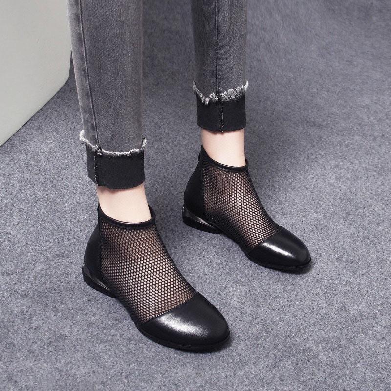 Summer new black first-layer cowhide mesh boots round head comfortable flat-soled women's shoes breathable mesh Roman cool boots