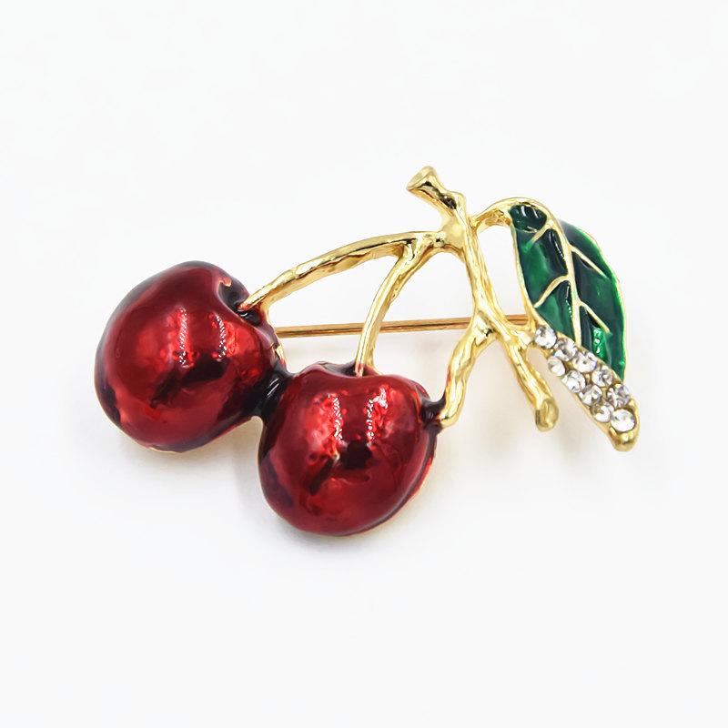 New Fashion Green Leaf & Red Cherry Hand-Painted Enamel Brooch Lapel Pin
