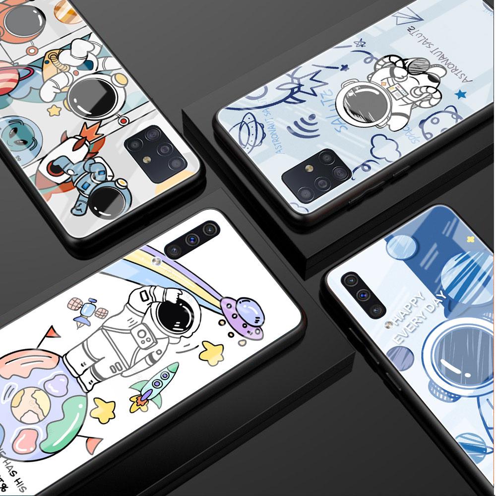 Mode Astronaut süße Glashülle für Samsung Galaxy A52 A71 A50 A51 A70 A21s A31 A72 A10 A12 A30 A22 5G Telefonabdeckung