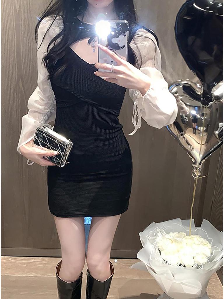 Women's Spicy Lace-up Puff Sleeve Patchwork Dress - Spring/Autumn Slim Fit Short Skirt