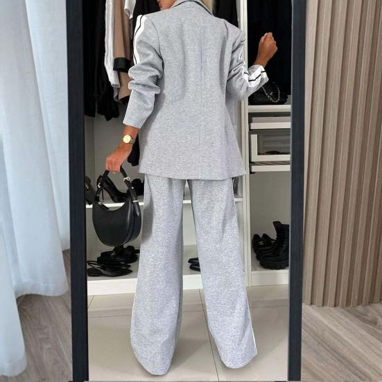 2 Pcs/Set Lady Formal Coat Pants Set Turn-down Collar Single-breasted Long Sleeves Jacket Loose Striped Wide Leg Trousers Casual Daily Wear Commuting