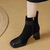 Autumn and Winter High-heeled Cow Suede Boots Women Square Head Side Zipper Buckle Belt Buckle Skinny Boots Chunky Heel Short Boots