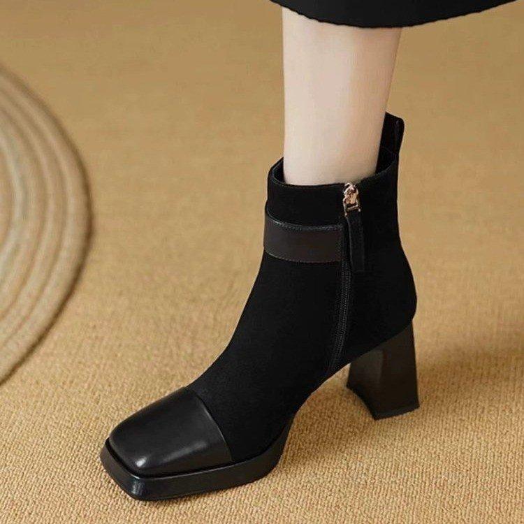 Autumn and Winter High-heeled Cow Suede Boots Women Square Head Side Zipper Buckle Belt Buckle Skinny Boots Chunky Heel Short Boots