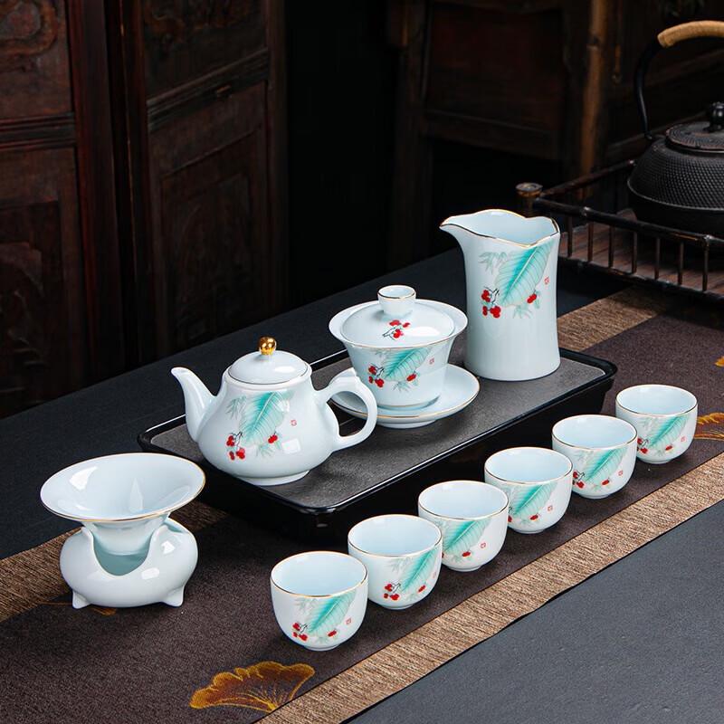 YIXI Gold-Painted Celadon Mutton-Fat Jade Kung Fu Tea Set, 13-Piece