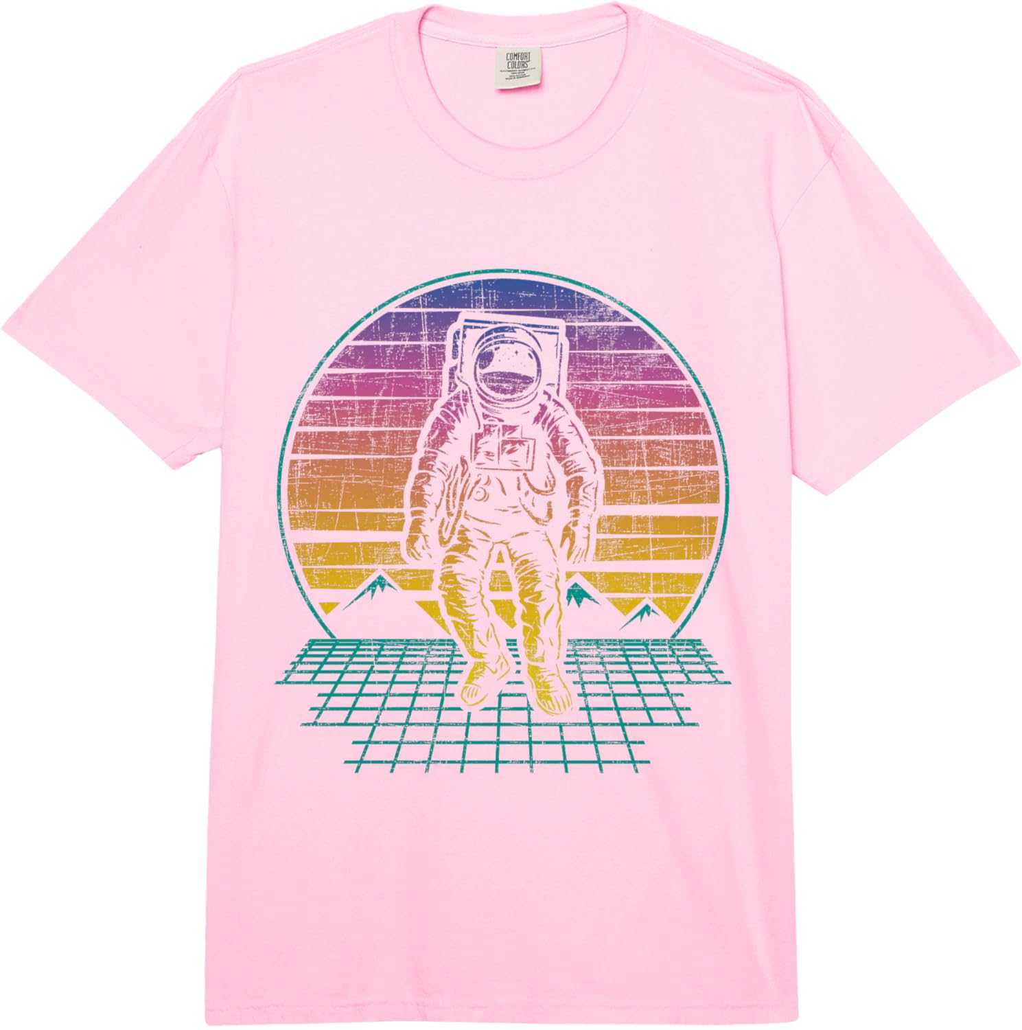Retro Astronaut Vaporwave Sunset Grid Graphic Tee Men Casual Short Sleeve TShirt S