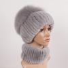 Women Winter Real Fur Hat Scarf 2 Pieces Knitted Rex Rabbit Fur Hat Top Natural Fox Fur Cap Scarves Sets Lady Warm Real Fur Caps