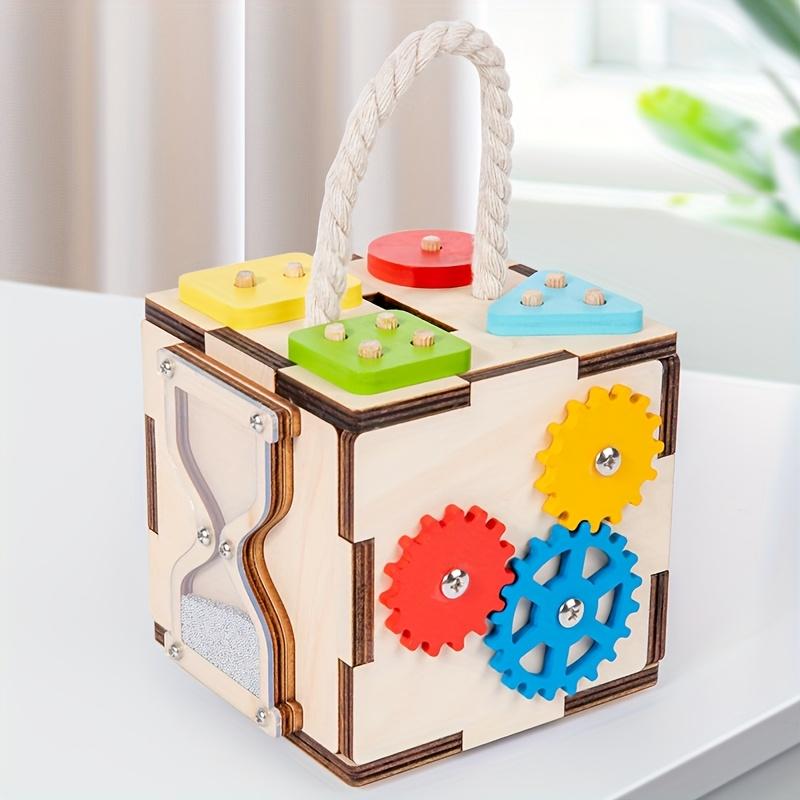 6 Sided Multifunctional Busy Box Recycled Wood Educational Toy for Youngsters 3+ Years, Hand Eye Coordination,Shape/Color Recognition Training