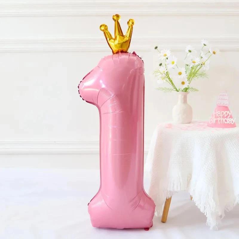 Gradient Color Crown Number Balloon Pillar, 32-40 Inch, First Birthday Party Decoration