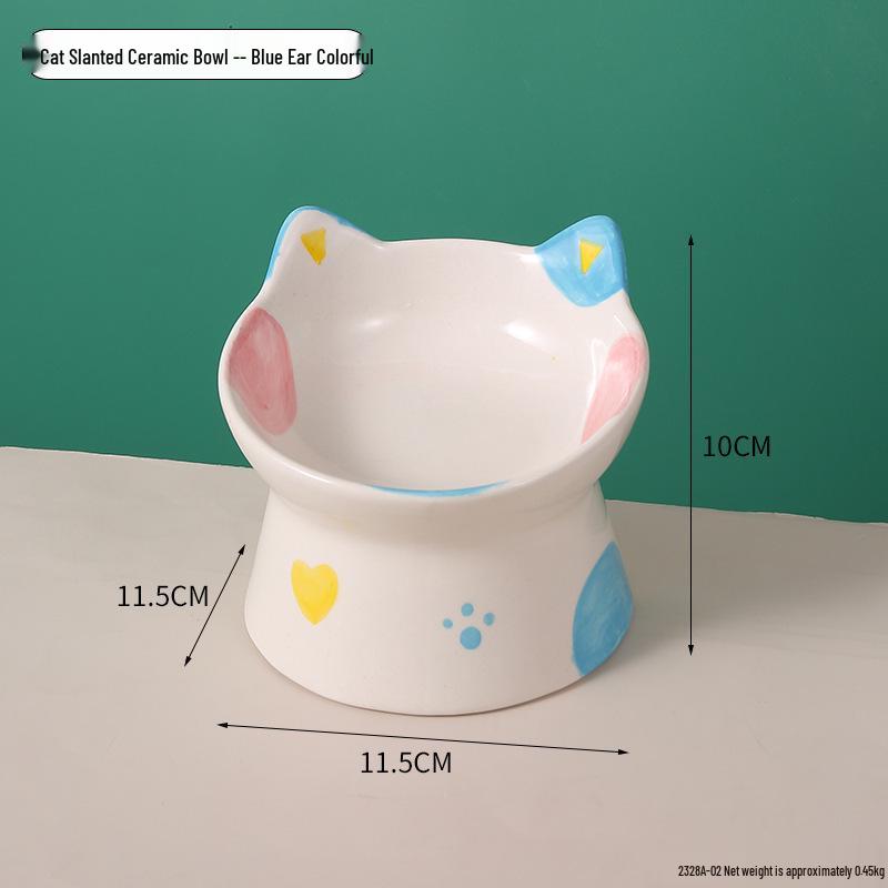 Hand-Painted Ceramic Cat Bowl: Cute, Multi-functional, Slanted for Neck Protection, High-Legged Design Suitable for Food & Water