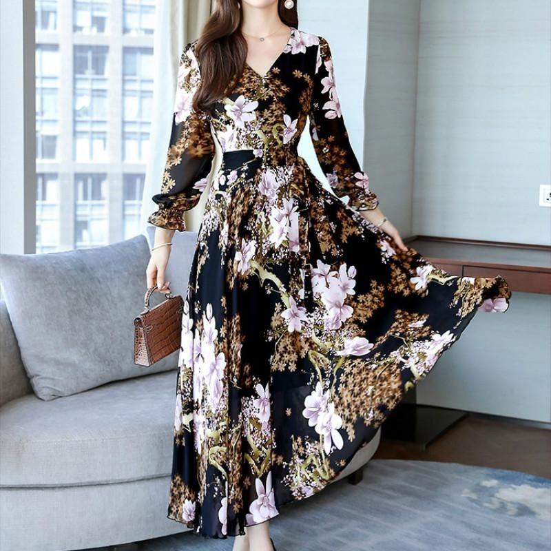 Langermet V-halskjole Kvinner Høst Slim Fit Lang A-linje stort skjørt