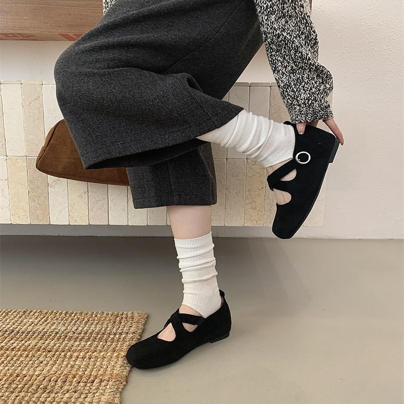 2025 autumn retro versatile pigskin insoles single shoes cross buckle Mary Jane shoes flat women's shoes