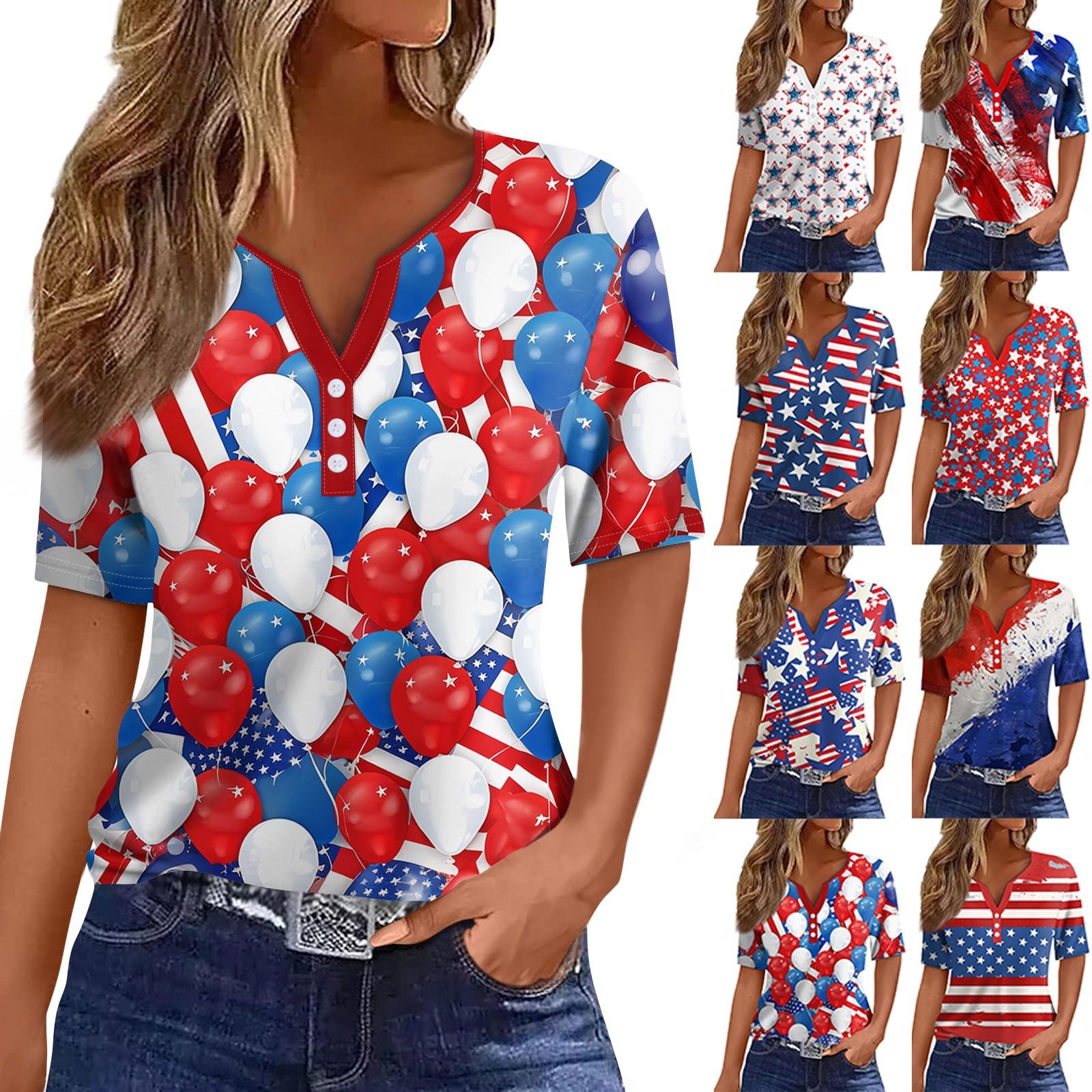 

Жен. Футболка Футболка С принтом Пуговицы С короткими рукавами Повседневные Выходные Мода Классический V-образный вырез Обычный Верх L синий