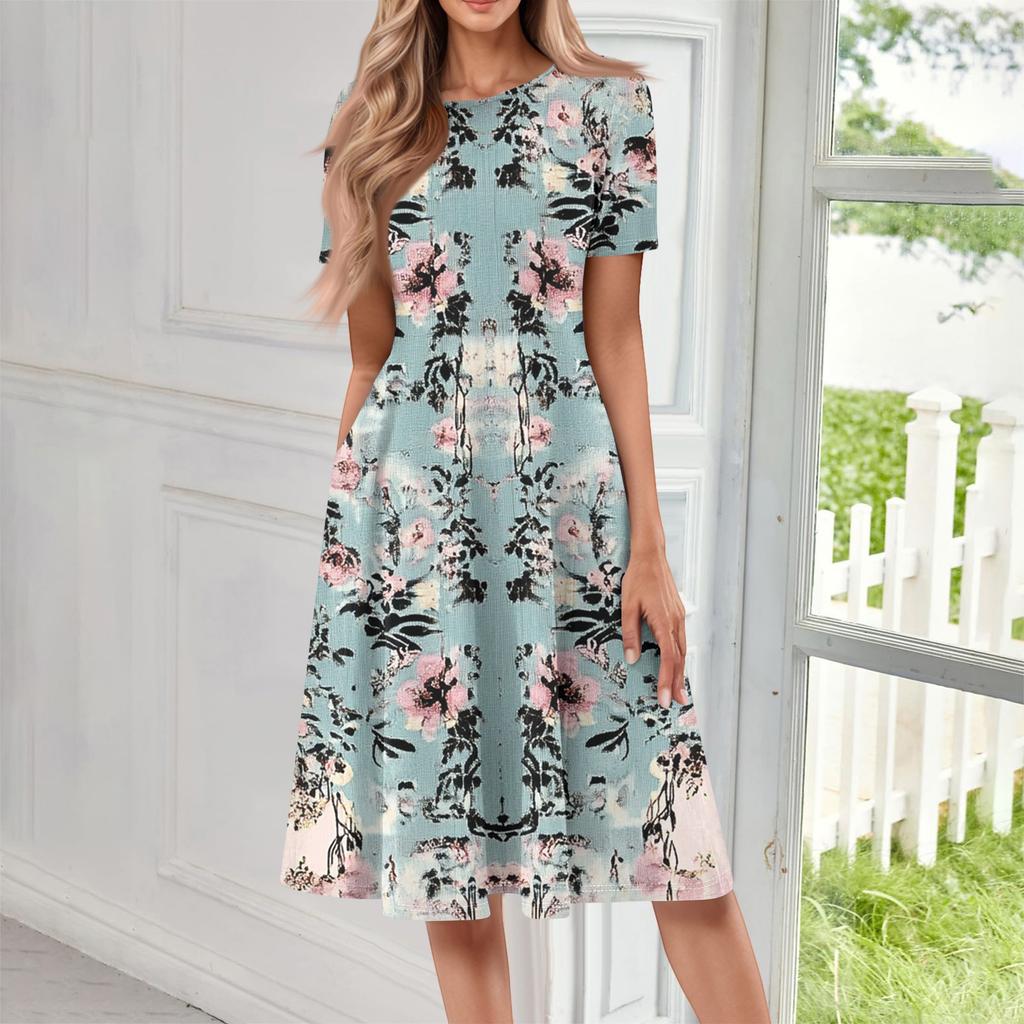 Women's Casual Fashion Round Neck Short Sleeve Print Midi Dress