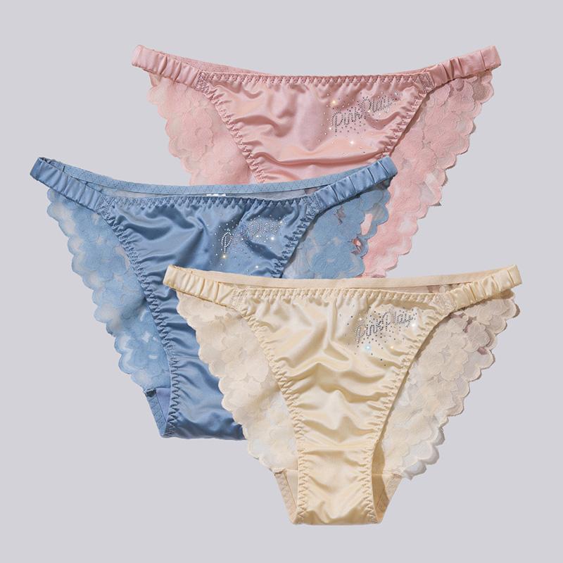 1PC Diamond Briefs Underpants Underwear Satin Silk Lace Panties Sexy Middle-waist Breathable