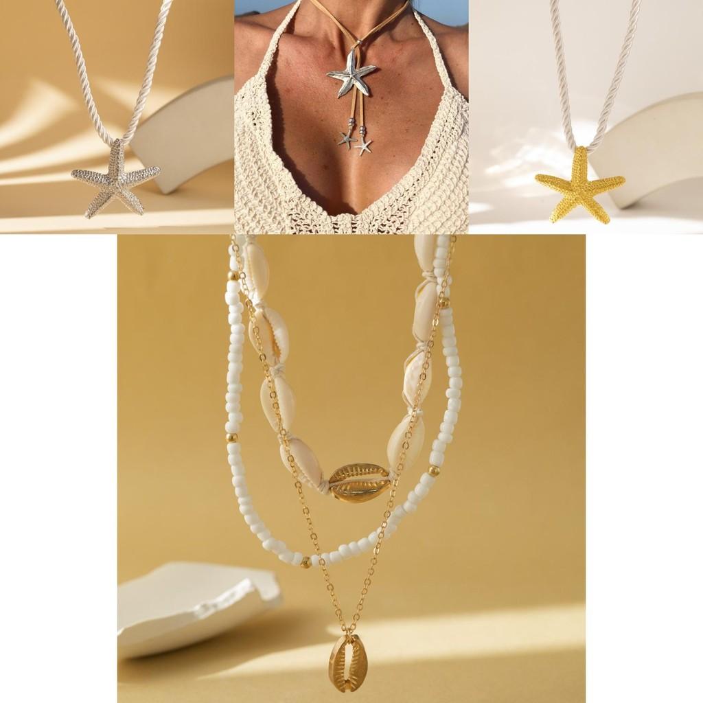 Elegant Yellow Starfish And Shell Alloy Pendant Necklace For Vacation Party Accessories