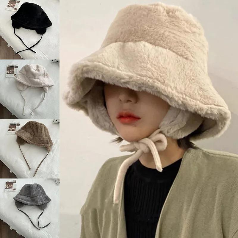 Korean New Ear Protection Bucket Hats for Women Autumn and Winter Travel Versatile Warm Retro Solid Color Plush Men's Caps