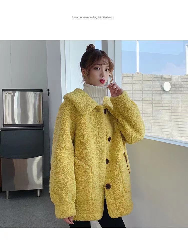 Thickened lamb wool integrated square collar pocket jacket women's autumn and winter plush large size single-breasted loose women's coat
