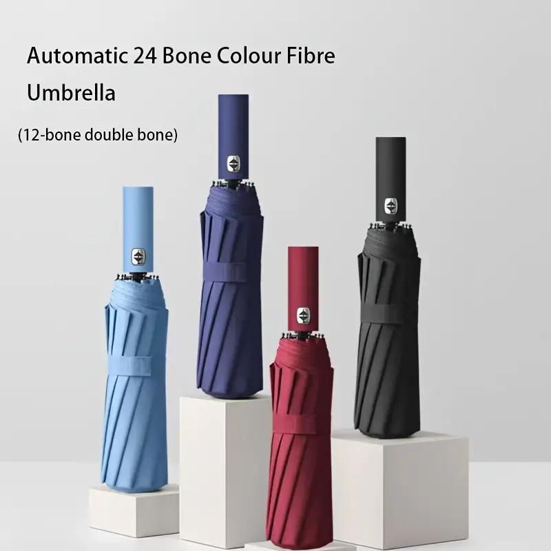 Large Automatic Folding Umbrella - Double Keel, Windproof, Sun Protection, 24-Rib Design, Compact & Durable for Rain or Shine