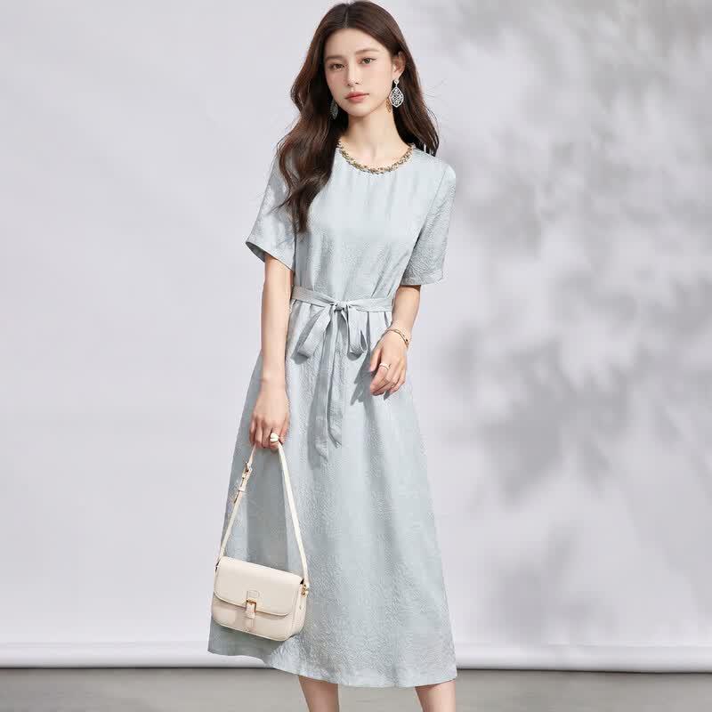 Jinjv Women s Mulberry Silk Jacquard Tie-Waist Dress XL синий