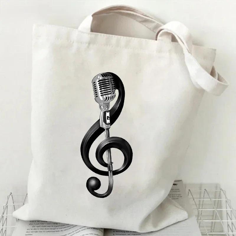 Music Heartbeat Printed Canvas Bag Shoulder Bag Folding Bag Handheld Shopping Bag Large Capacity Durable Eco Friendly Bag
